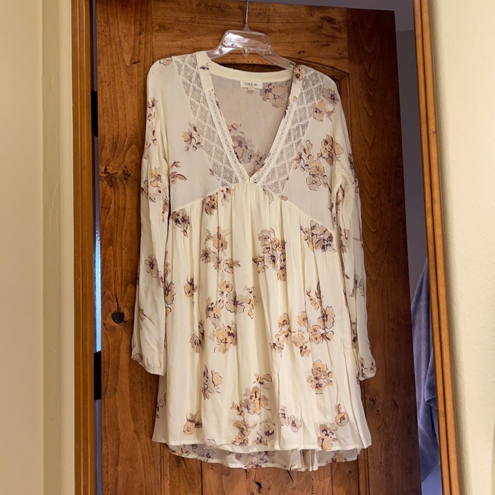 Off White Floral Long Sleeve Low Cut Dress